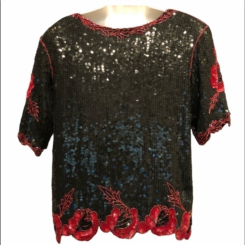 Royal Feelings Vintage Sequin Beaded Short Sleeve Top Size Medium - Picture 3 of 9